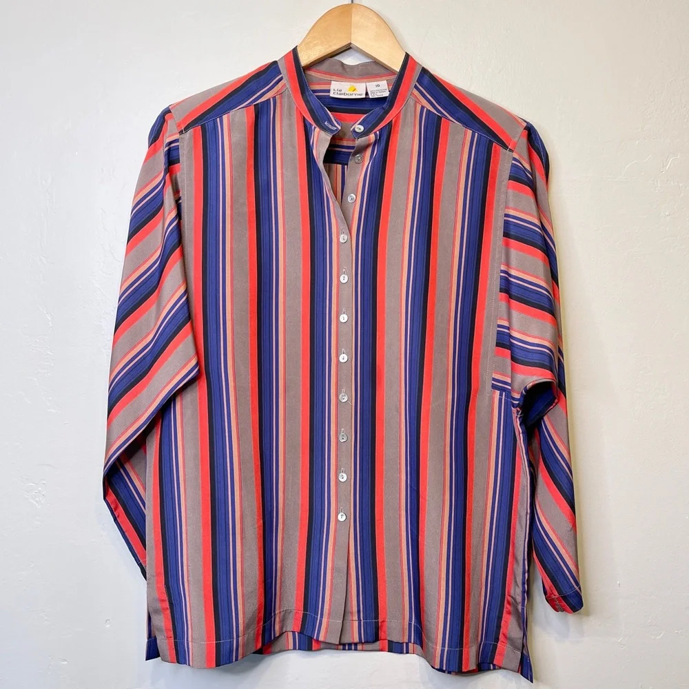 LC | VTG Retro Disco Dolaman Long Sleeve Allover Stripe Button Front Blouse - Picture 4 of 17